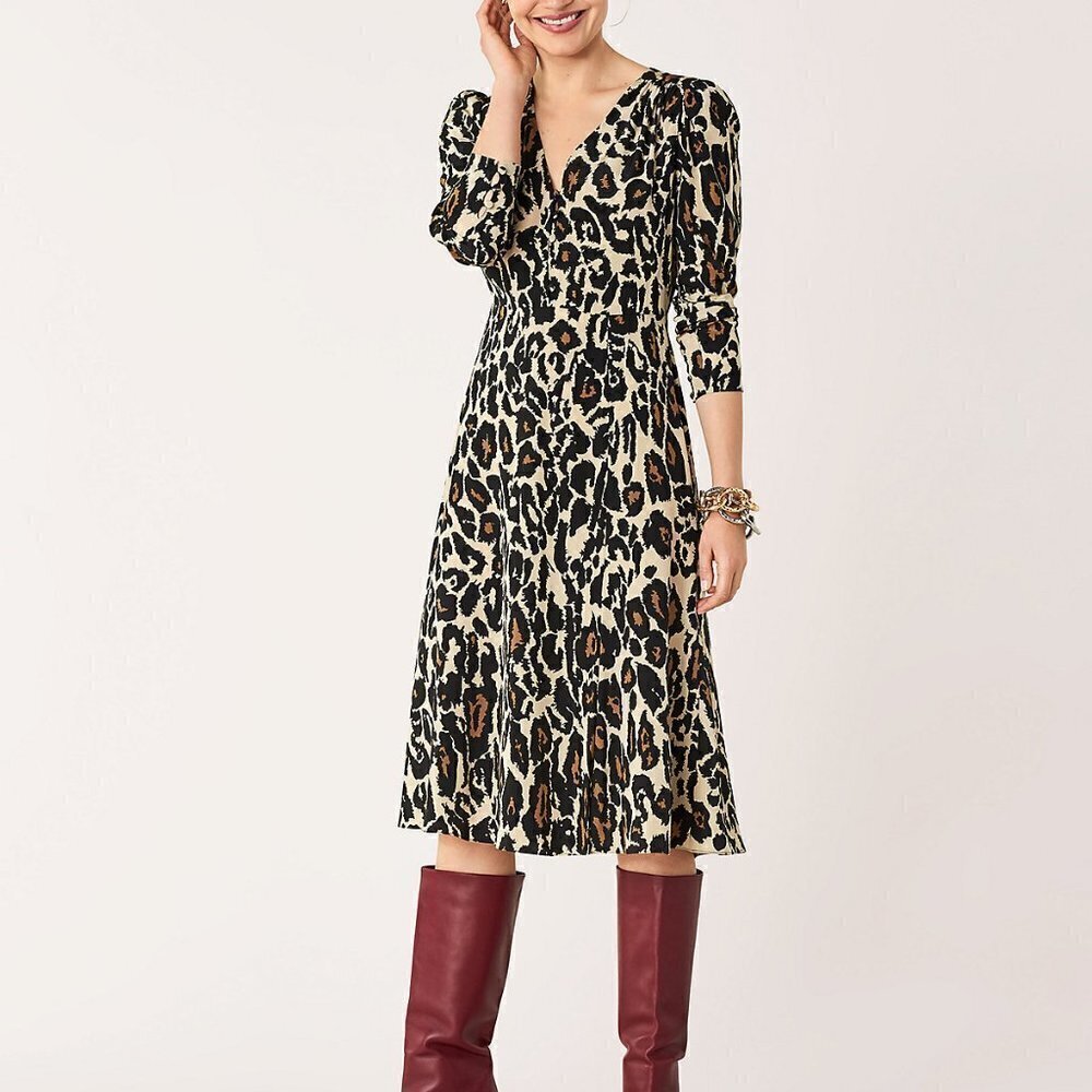 DVF Diane von Furstenberg Viviana Leopard Cat Sand silk dress midi new X-Small 2